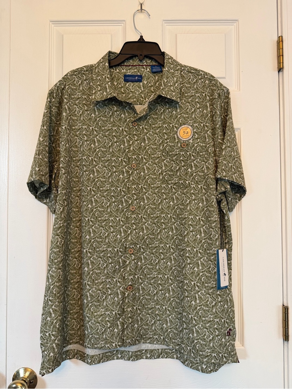 Caribbean Joe Men's Olive Green Tropical Print Short-Sleeve Button-Down Shirt XL